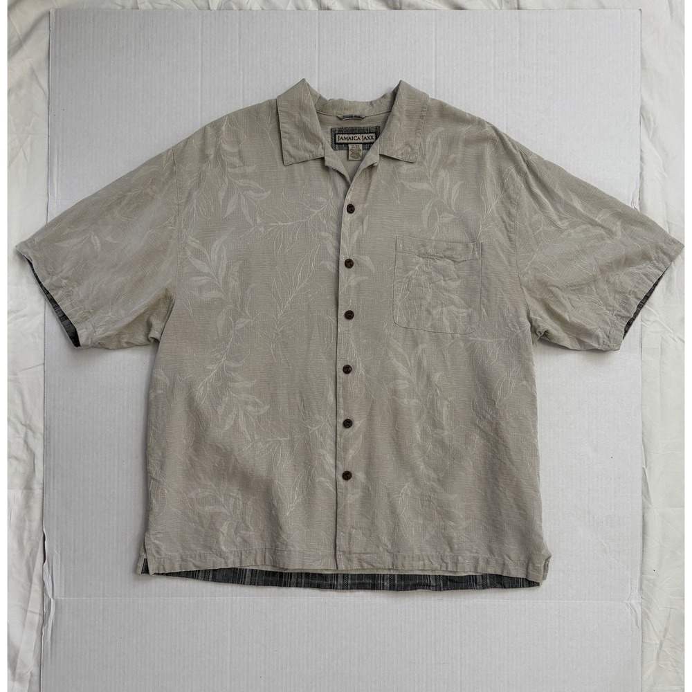 Jamaica Jaxx 100% Silk Jacquard Camp Shirt XL Beige Tropical Resort Aloha - Picture 6 of 9